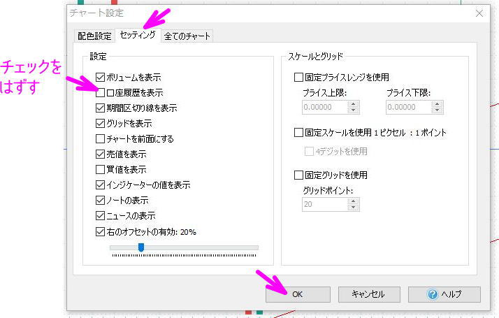 口座履歴の表示のチェックをはずす