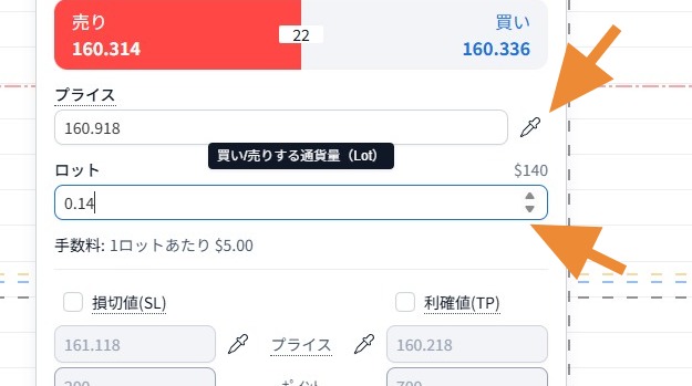 エントリープライス・ロットを入力