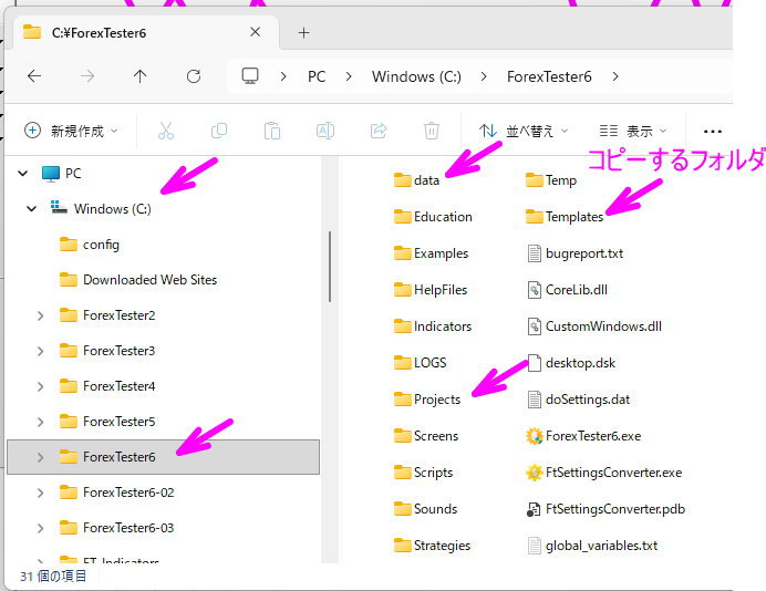 C:\ForexTester6 内の data・Projects・Templates フォルダをコピー