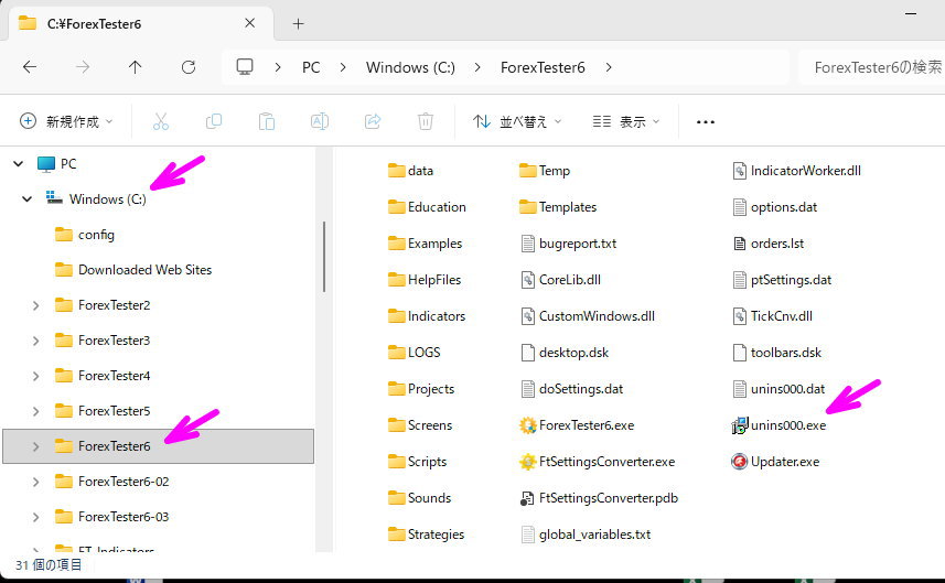 C:\ForexTester6 内の unins000.exe をダブルクリック